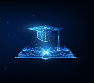 A digital, glowing book and graduation cap formed by connected lines on a dark background.