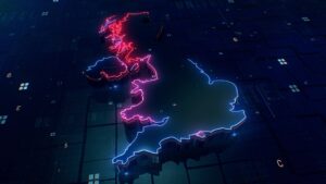 Neon-outlined map of the United Kingdom on a digital grid, with red and blue highlights for Scotland and England.