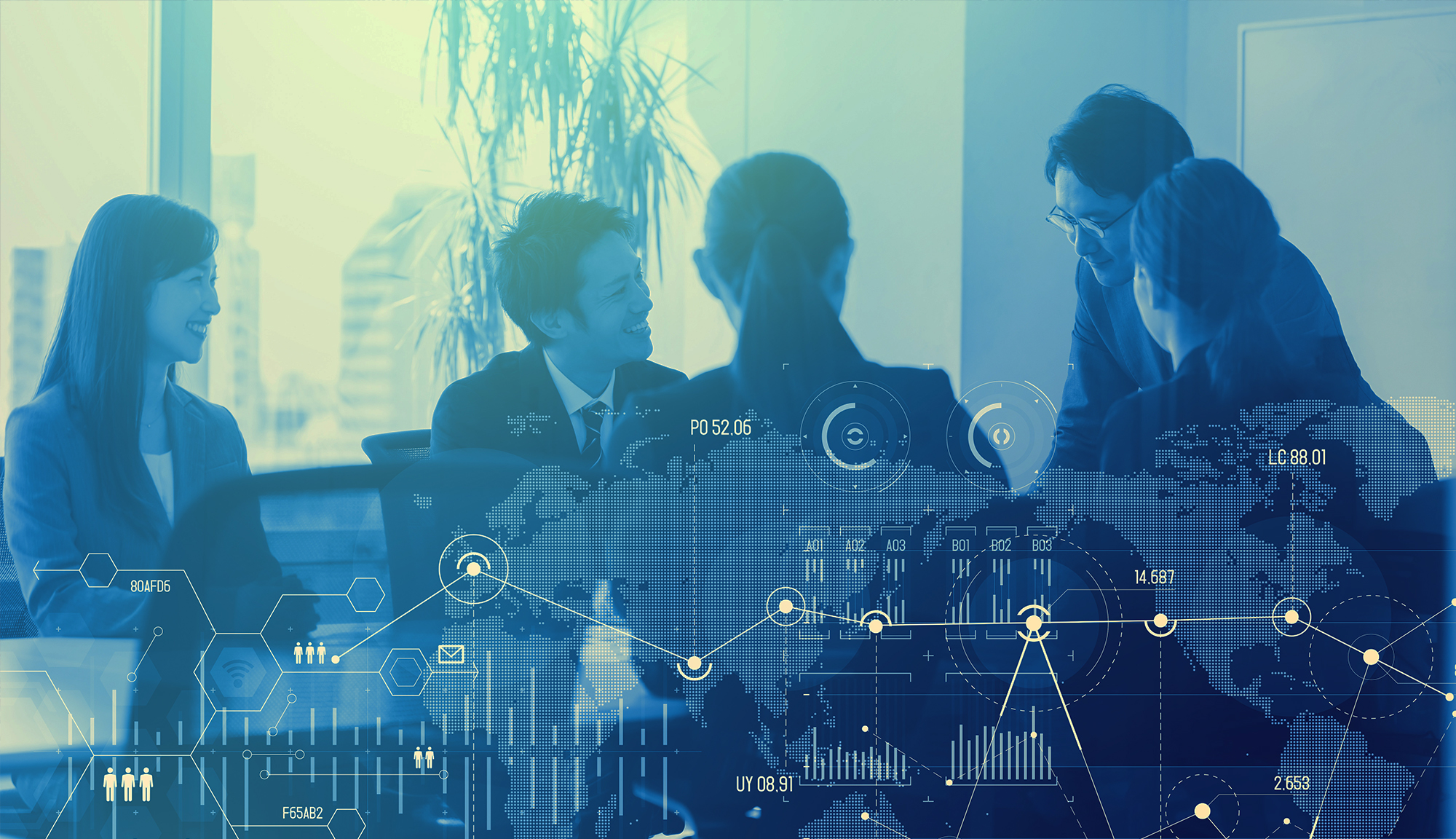 Business meeting with diverse professionals, overlay of data charts and world map in a modern conference room.