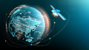 A digital rendering of Earth with glowing data lines, and a satellite orbiting it against a dark blue background.