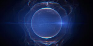 A glowing digital sphere with radiating blue lines on a dark background.