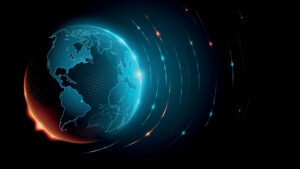 A glowing digital globe with light streaks on a dark background.