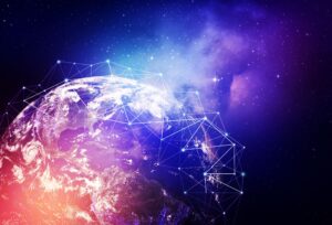 Earth in space surrounded by abstract network lines, with a colorful galaxy background.