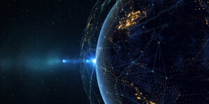 A digital depiction of Earth from space, surrounded by a network of glowing lines and dots against a starry background.