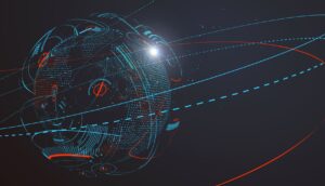 Futuristic 3D digital globe with blue and red lines against a dark background, resembling a technological network.