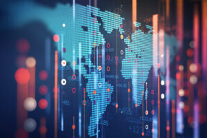 Digital world map with glowing data points and vertical financial graph lines.