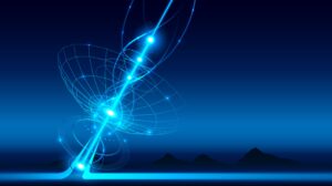 Futuristic abstract blue digital network design with glowing lines and grid patterns against a dark background.