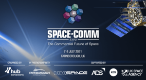 Space-Comm Expo 2021 banner with satellite image and logos of supporting organizations.