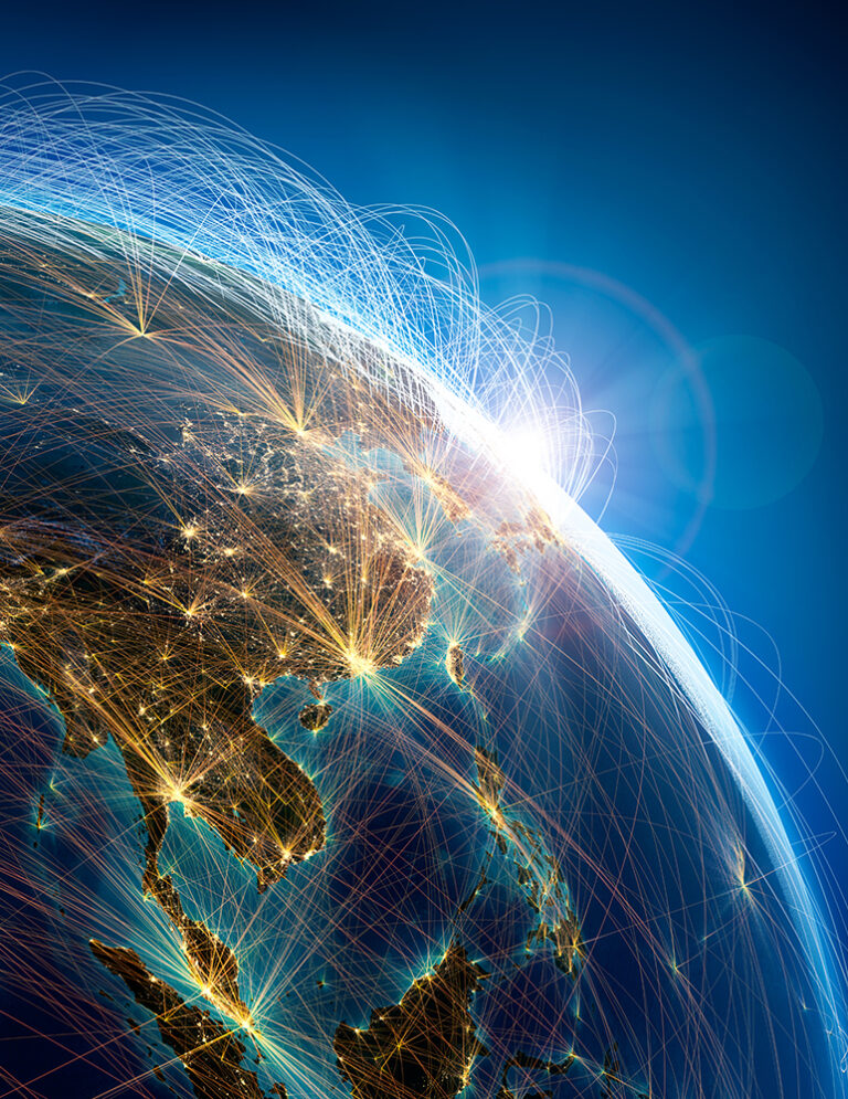 A glowing Earth with interconnecting lines, depicting global communication networks, against a dark blue background.