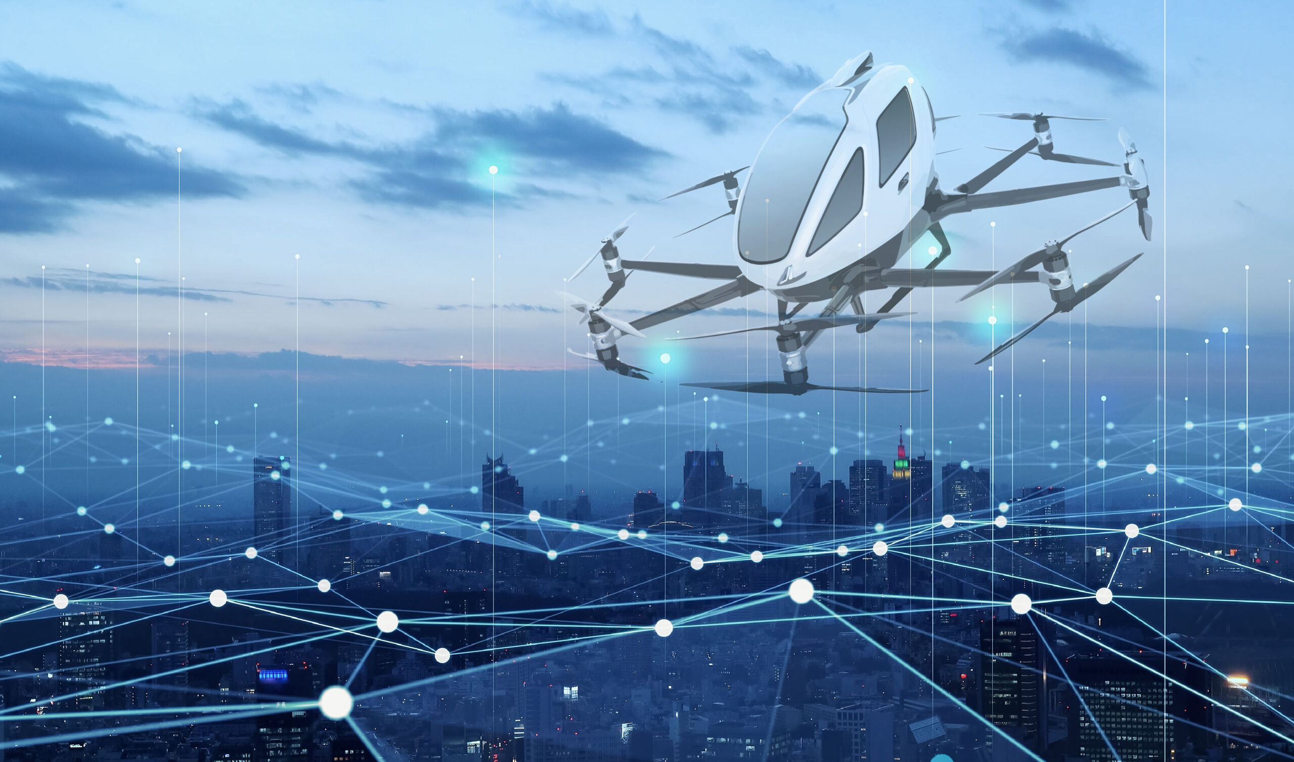 Futuristic drone flying over a cityscape with digital network lines, under a cloudy sky at dusk.
