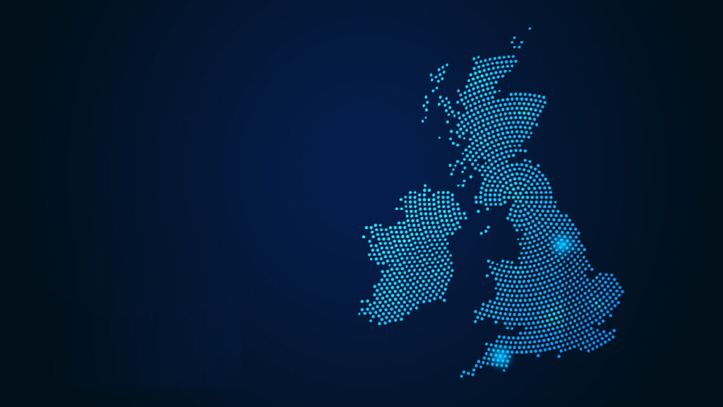 A dotted digital map of the United Kingdom and Ireland on a dark blue background.