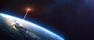 A rocket launching into space with the Earth below and a starry sky in the background.