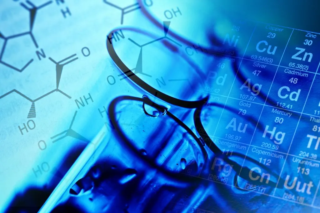 Test tubes overlaid with chemical structures and a periodic table on a blue background.