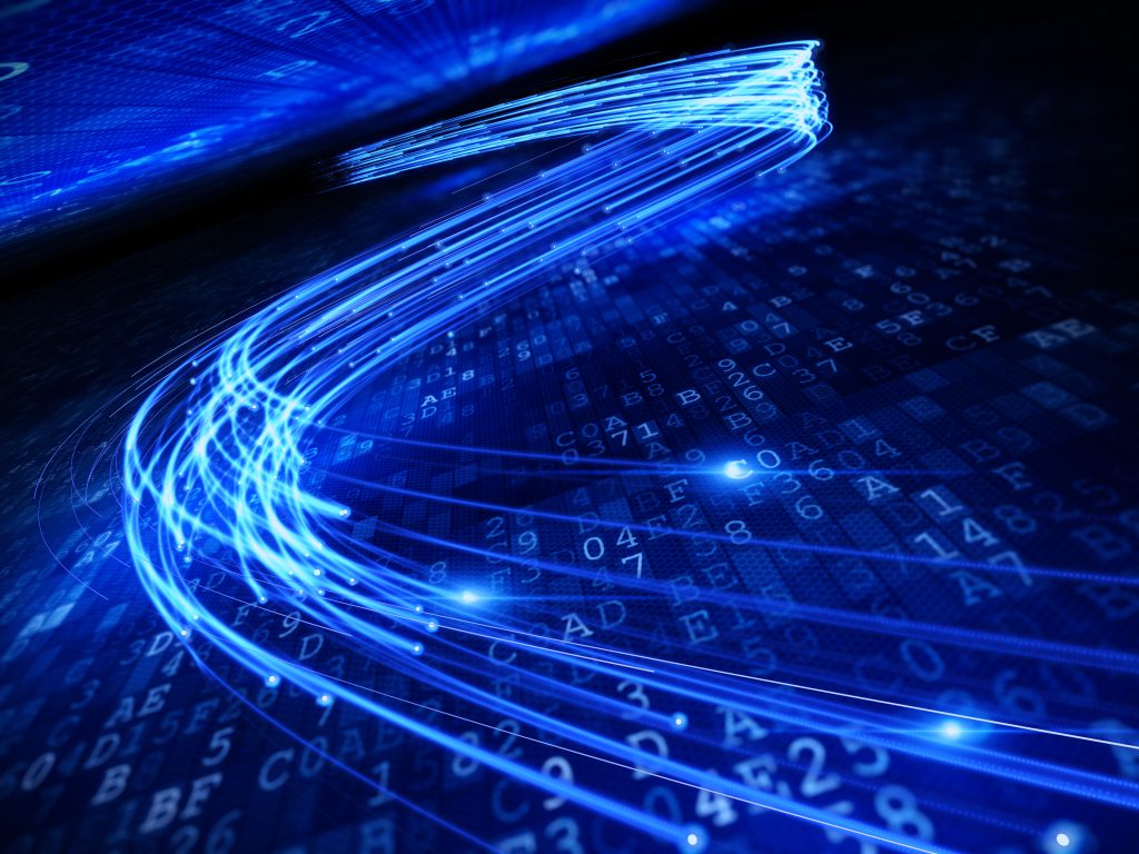 Blue light trails curve over a digital grid with numbers and letters, symbolizing fast data transfer.