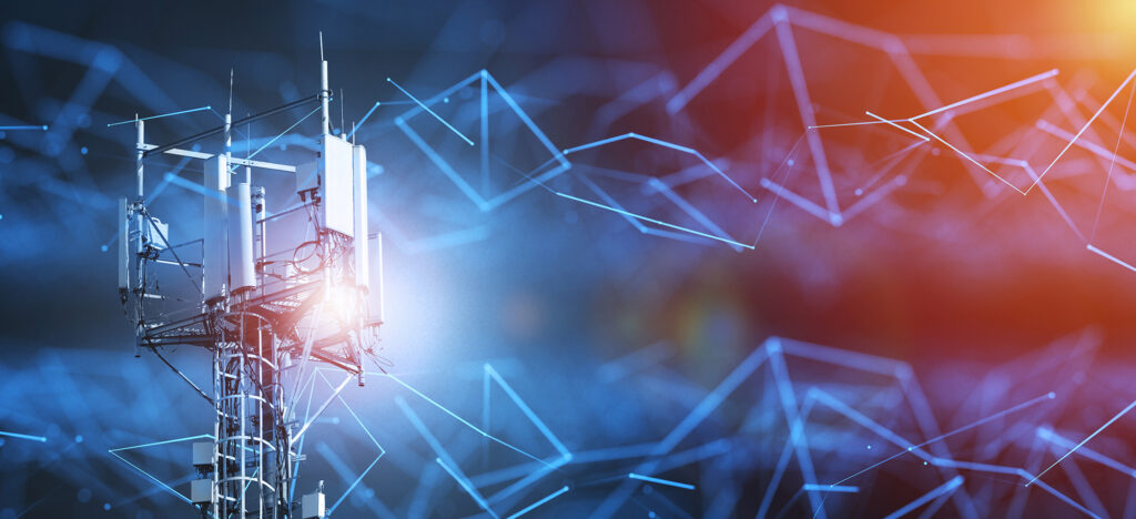 Telecommunication tower against a digital grid background with blue and orange lights.