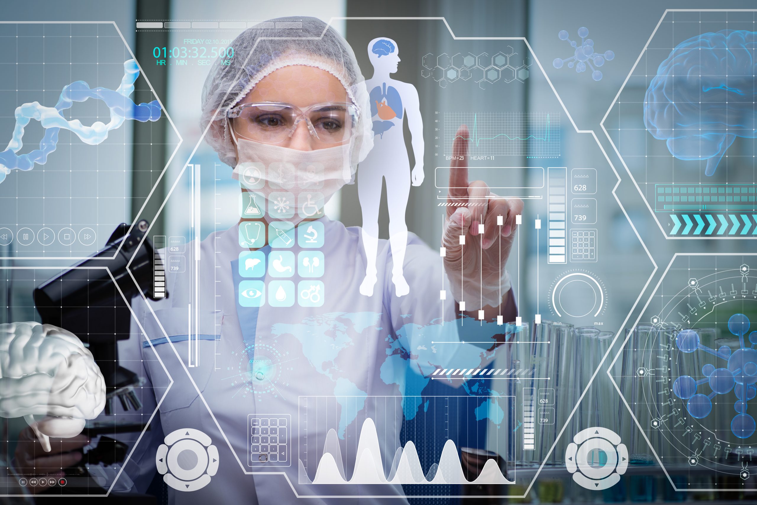 Scientist in lab coat and mask uses virtual health data interface with medical graphics and charts.