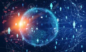 Digital globe with network lines and human icons, symbolizing global connectivity and data exchange.