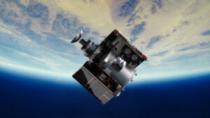 A satellite orbiting above Earth, with a clear view of the planet's surface and atmosphere in the background.