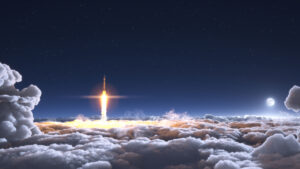 A rocket launches through clouds at night, with a starry sky and a visible moon in the background.