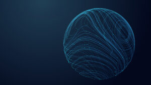 A sphere with flowing blue lines on a dark background, creating a digital, abstract look.