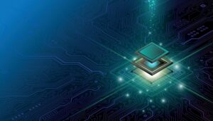 Futuristic circuit board with glowing microchip layers and digital connections on a blue background.