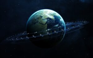 Earth with a futuristic network of satellites orbiting in rings against a starry space background.