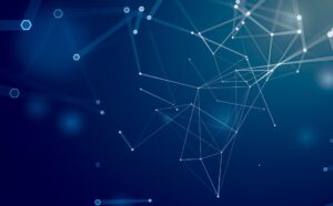 Abstract blue background with interconnected white lines and dots, creating a network or web-like pattern.