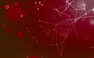 Abstract red background with interconnected white lines and dots forming geometric patterns and glowing hexagons.