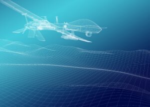 Transparent drone model flying over a wireframe grid landscape, with a blue gradient background.