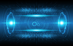 Futuristic blue digital interface with glowing gears and circuit patterns in a tunnel-like design.