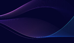 Curved purple and blue lines form abstract wave patterns on a dark background.