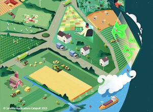 Illustration of a smart farming landscape with drones, sensors, and data integration visible across fields and vehicles.