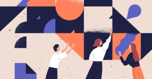 Abstract illustration of three people interacting with geometric shapes in orange, blue, and black.