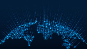 Digital world map with glowing blue network connections and nodes on a dark background.