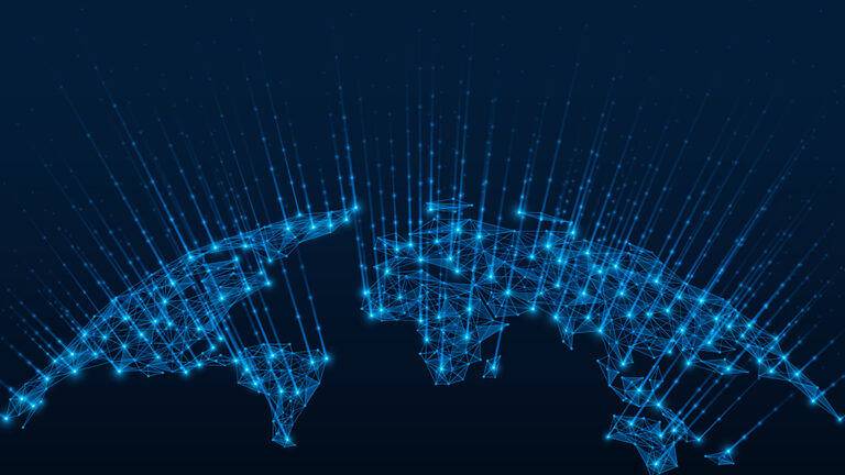 Digital world map with glowing blue network connections and nodes on a dark background.