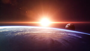 Sunrise over Earth seen from space, with the Moon in the distance and a swirling cloud formation on Earth's surface.