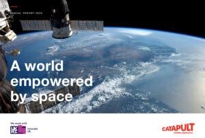 View of Earth from space with a satellite in the foreground, featuring the text "A world empowered by space.