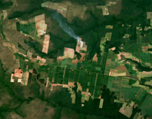 Aerial view of deforestation with patchwork of green and brown fields, and smoke rising from a forested area.