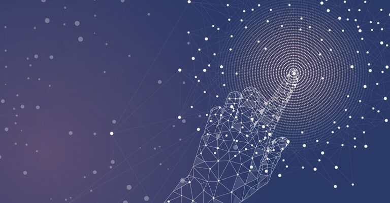 Digital mesh hand touching concentric rings and nodes on a gradient blue background, symbolizing technology and connectivity.