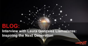 Light bulb with network nodes over an open book, text: "Blog: Interview with Laura Gonzalez Llamazares: Inspiring the Next Generation.
