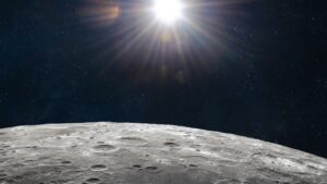 Bright sun over the moon's cratered surface in a starry space backdrop.