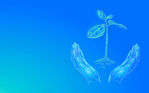 Digital illustration of hands surrounding a growing plant with a blue gradient background.
