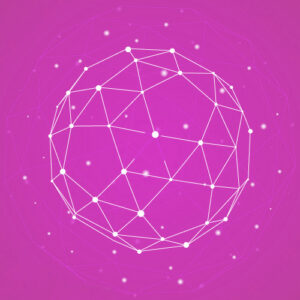 A white geometric sphere composed of connected lines and dots on a pink background.