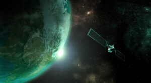 Earth with a bright light on the surface and a satellite in space against a starry background.