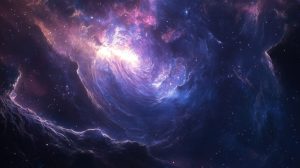 A swirling cosmic nebula with glowing purple and blue clouds, illuminated by bright light at its center.