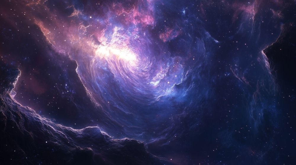 A swirling cosmic nebula with glowing purple and blue clouds, illuminated by bright light at its center.