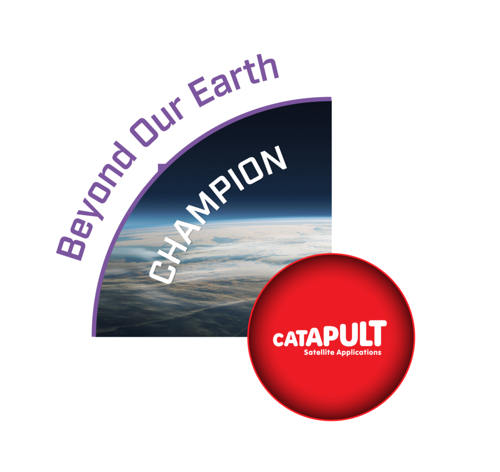 Logo with "Beyond Our Earth Champion" and "Catapult Satellite Applications" over Earth viewed from space.