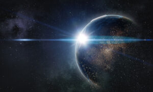 Distant planet in space with a bright light flaring behind, surrounded by stars and a glowing atmosphere.