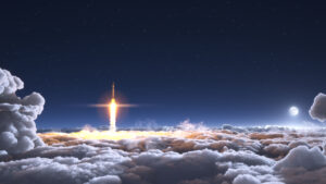 A rocket launches through thick clouds at night, with a starry sky and a visible moon in the background.