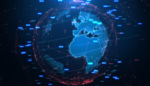 Digital globe with glowing lines and data points, highlighting Europe, Africa, and parts of Asia and America.